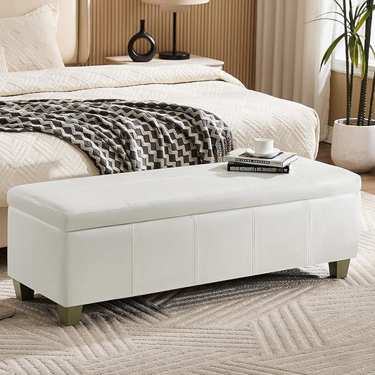 51" Faux Leather Storage Ottoman, Stitch Tufted Rectangle Upholstered End of Bed Storage Bench, Entryway Large Couch Ottoman with Wooden Legs,White