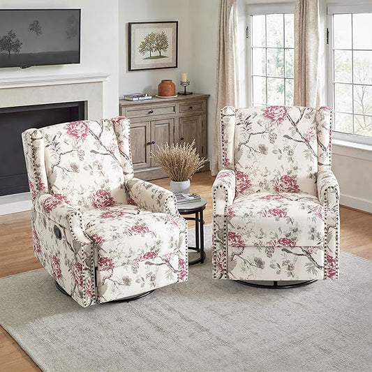 Lumibee Recliner Chairs Set of 2, 360° Swivel Rocker Recliner Chair with Footrest High Back, Comfy Upholstered Glider Rocking Chair for Living Room Bedroom (Plants Floral)