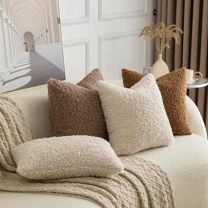 Pack of 2 Curly Teddy Wool Faux Fur Throw Pillow Covers Fuzzy Accent Soft Sherpa Pillowcases Sheepskin Fleece Decorative Cushion Case for Sofa Couch Living Room 12x20 Inch Neutral Light Beige