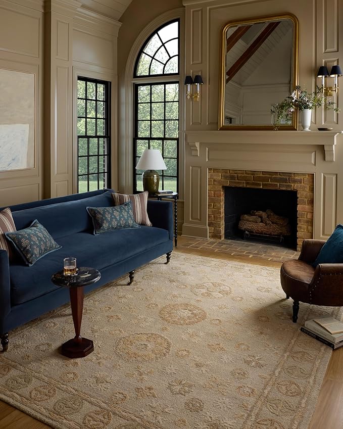 Loloi Chris Loves Julia Dorothea Collection DRT-03 Dove/Natural 8'-6" x 11'-6" Area Rug Wool Neutral Floral Living Room Bedroom Carpet