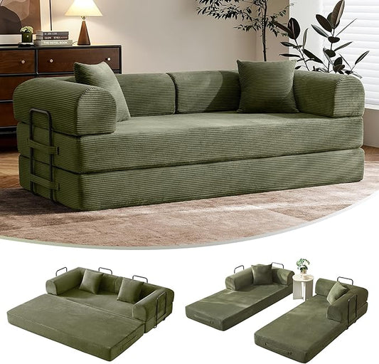 79" Convertible Sofa Bed with Fixed-Shape Frame & Removable Armrests, Modular Corduroy Sleeper Sofa, Folding Mattress Couch for Small Spaces - No Assembly Needed in Light Green (Includes 2 Pillows)