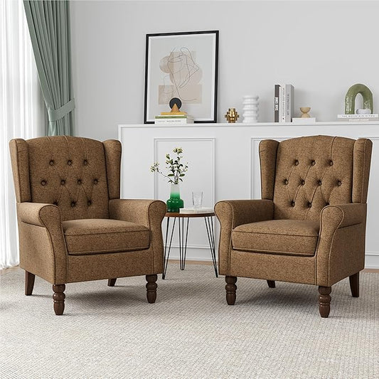 High Back Accent Chairs Set of 2, High Wingback Chair for Living Room, Button-Tufted Upholstered Fabric Armchair with Solid Wood Legs, Comfy Single Sofa Reading Chair for Bedroom, Brown