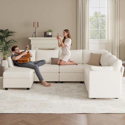 Modular Sectional Sofa Couches, Large Convertible Modular Couches with Storage, 7-Seater Sectional Sofa for Living Room, U Shaped Sectional Couch Sleeper Sofa with Chaise (Beige, 7 Seats)