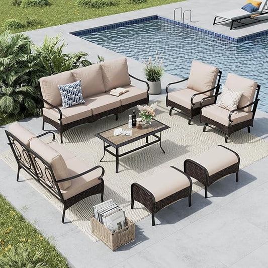 MFSTUDIO 7 PCS Outdoor Patio Furniture Set, Metal Outdoor Conversation Set, Rattan Wicker Patio Sectional with 2 x Rocking Single Sofa, 2 and 3-Seat Sofa, 2 x Ottoman, 1 x Coffee Table, Beige