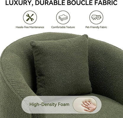 Swivel Accent Chair, Modern Upholstered Boucle Barrel Arm Chairs with Pillow for Living Room, 360 Degree Round Swivel Sherpa Armchair with Round Base for Bedroom Club (1, Green)