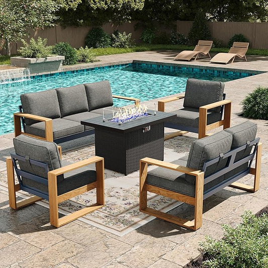 LayinSun 5 Pieces Aluminum Patio Furniture Set with Fire Pit Table, Oversized Seat with Hight Back, Outdoor Conversation Sets for Porch, Balcony, Deck