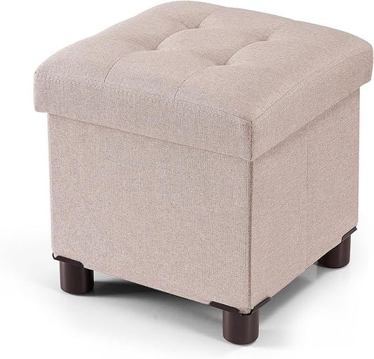 BRIAN & DANY Small Ottoman with Storage, Small Storage Ottoman, Folding Foot Stool with Wood Legs for Living Room and Bedroom Linen Rest Seat, 12.6"x12.6"x12.8" - Beige