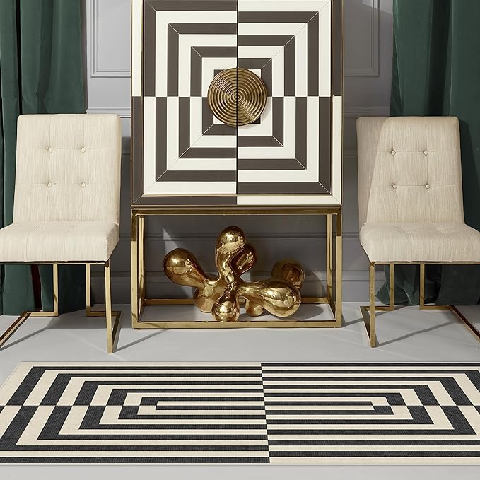 RUGGABLE x Jonathan Adler Machine Washable Modern Runner Rug – Op Art Charcoal 2.5x10, Stain-Resistant, Non-Slip – Washable Rug for Hallway, Entryway, Living Room & Kitchen–with Cushioned Pad