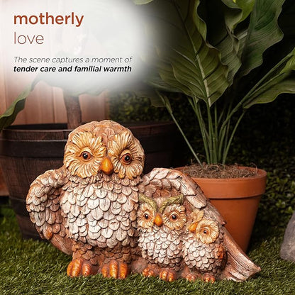 Alpine Corporation QFC366HH Indoor Outdoor Owl Mom Protecting Babies Garden Statue, Loving Owl Family Statue, 11" Tall, Brown