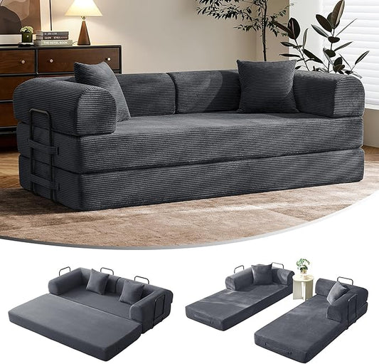 79" Convertible Sofa Bed with Fixed-Shape Frame & Removable Armrests, Modular Corduroy Sleeper Sofa, Folding Mattress Couch for Small Spaces - No Assembly Needed in Dark Gray (Includes 2 Pillows)