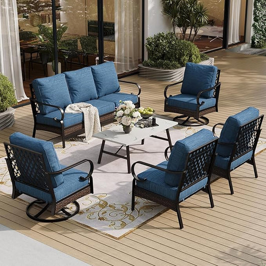 6 Piece Metal Outdoor Patio Furniture Set - 1 3-Seater Sofa, 2 Fixed & 2 Swivel Sofas with 5.75" Thick Cushion & Coffee Table - Black & Blue