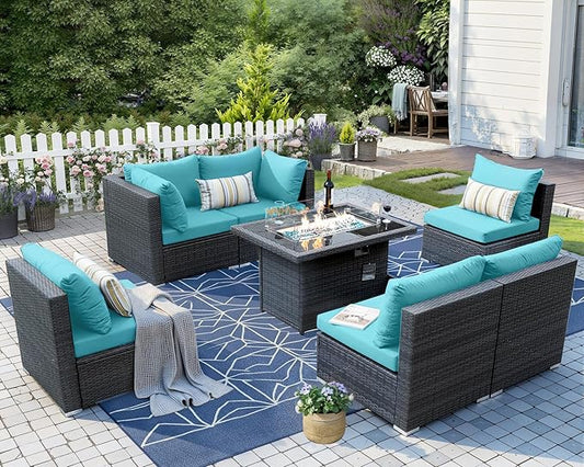 NICESOUL 7 Piece Large Modern Patio Furniture Set with Propane/Gas Firepit Table, 29.3'' High Back Comfy Wicker Sectional Sofa Couches with Fire Pit, Outdoor Deep Conversation, Fade-Proof, Turquoise