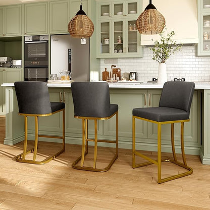 MAISON ARTS Counter Height Bar Stools with Back Set of 6 for Kitchen Counter, 24 Inch Modern Upholstered Faux Leather Barstools Farmhouse Bar Chairs Luxury Island Stools Support 330LBS, Grey & Gold