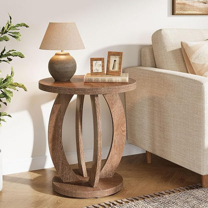 Tribesigns End Table, Round Side Table with Storage, Farmhouse Nightstand Bedside with Round Tabletop, Accent End Table for Living Room Bedroom Small Space, Wooden Accent Furniture, Rustic Brown