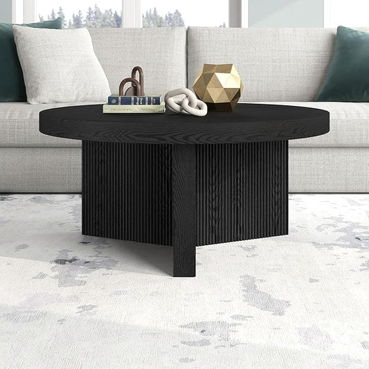 Henn&Hart 32" Fluted Round Low-Profile Coffee Table with Ribbed Pedestal Base for Living Room, Family Room, Office, or Apartment, Black Grain