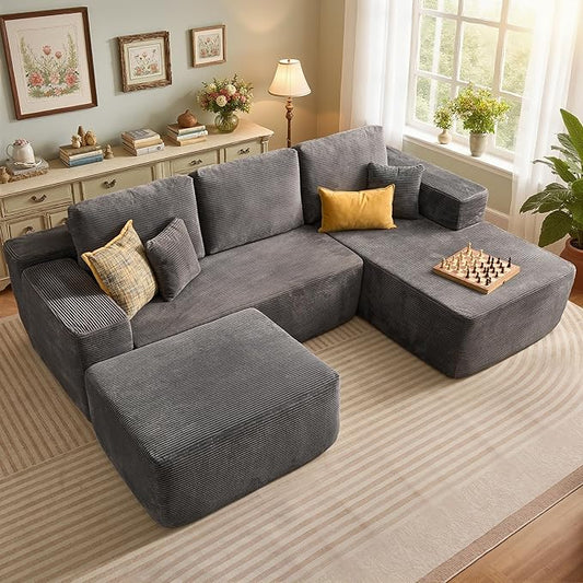 106" Cloud Sectional Couch with L-Shape Chaise & Ottoman, No Assembly Modular Sofa, Deep Seat Corduroy Boneless Couched for Living Room (Gray Stripe Corduroy, Right Facing Chaise with Ottoman)