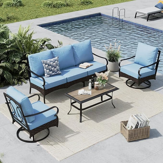 MFSTUDIO 4 Pieces Outdoor Patio Furniture Set, Metal Outdoor Conversation Set, Rattan Wicker Patio Sectional with 2 x Swivel Single Sofa, 3-Seat Sofa, 1 x Coffee Table, Blue