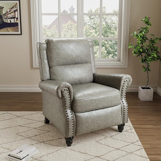 Pushback Recliner Chair, Faux Leather Wingback Recliner Chair, Upholstered Armchair Push Back Recliner with Wood Legs, Rivet Trim Single Sofa Accent Chair for Living Room, Bedroom, Gray