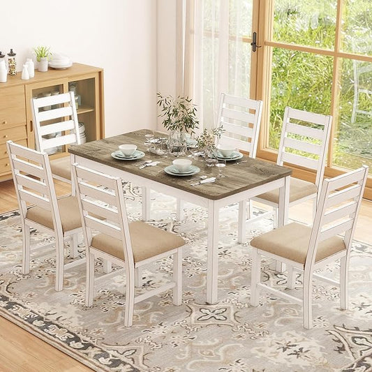 Farmhouse Dining Table Set for 6 Person, 59" Kitchen Table Set with 6 Upholstered Chairs, White Rectangular Dinner Room Table & Chairs Set Rustic Wood Stable (6 Chairs)