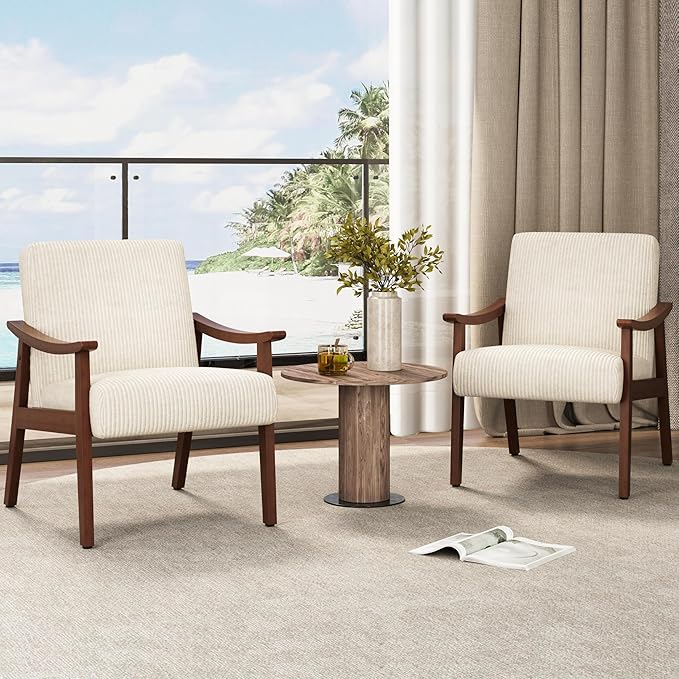 Yaheetech Corduroy Accent Chair, Mid-Century Modern Armchair with Solid Wood Legs, Reading Leisure Chair with High Back for Living Room Bedroom Waiting Room, Set of 2, Beige