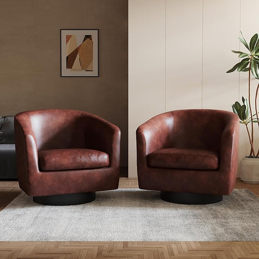 Lumibee Swivel Accent Chairs Set of 2, Faux Leather Swivel Barrel Chairs for Living Room, Modern Comfy Upholstered Round Armchairs Single Sofa Chairs for Bedroom, Club-Red Brown