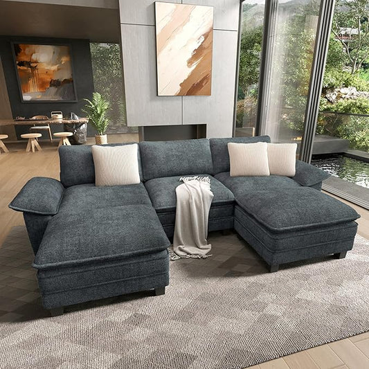 HERA'S HOUSE 124" Modular Sectional Sofa, Oversized U Shaped Couches for Living Room, Comfy Cloud Couch with Ottoman, 5-Seater Deep Seat Sofa with Throw Pillow, Chenille Blue