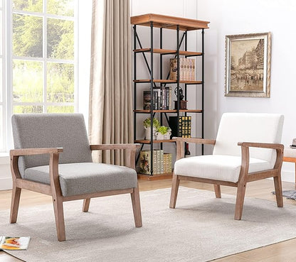 HNY Mid Century Modern Accent Chairs Set of 2 with Wood Frames, Linen Upholstered Living Room Arm Chairs for Living Room, Bedroom, Grey