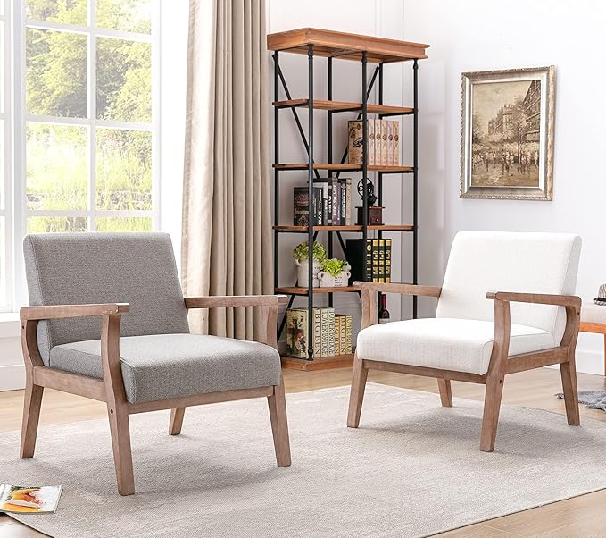 HNY Mid Century Armchair with Hardwood Frames, Linen Upholstered Living Room Chair, for Living Room Bedroom, Light Grey