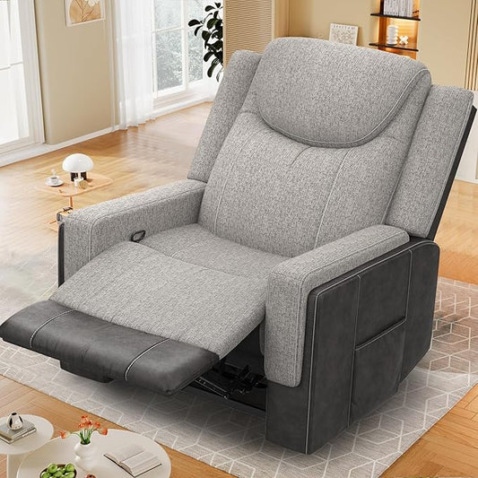 Oversize Manual Recliner Chair for Adults, Extra Wide Single Reclining Sofa Chair with Ergonomic, FSC Certified, Grey Linen-Blend & Chocolate Leather Scandinavian Chic for Living Room, RV