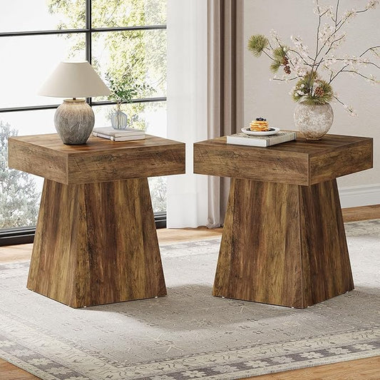 Tribesigns Small End Table Set of 2, Rustic Square Side Table with Wide Base, Farmhouse Small Nightstand Beside Bed, Next to Armchair, for Living Room, Brown