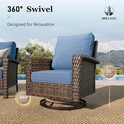 HERA'S HOUSE High Back Patio Furniture Set with Swivel Chairs, All Weather Outdoor Wicker Sofa Set, 6 Pieces Patio Conversation Sets with 5.5" Comfy Cushions for Lawn Deck Backyard, Navy Blue