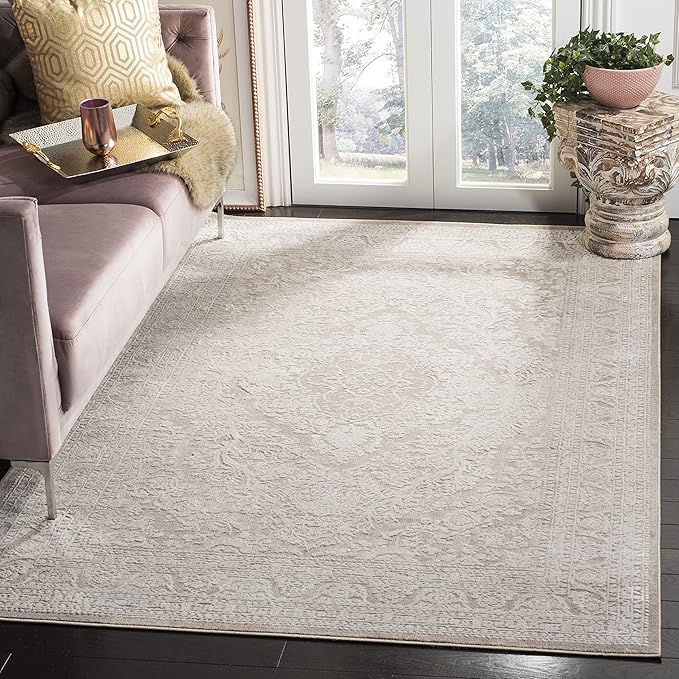SAFAVIEH Area Rug 8' Square - Reflection Collection - Large - Beige & Cream, Non-Shedding & Easy Cleaning, Ideal for Living Room, Bedroom, Dining Space (RFT668A)
