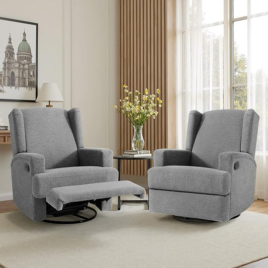 Swivel Glider Recliner Chairs Set of 2 for Adults - High Back Rocker Recliners with Deep Seat, Comfortable & Quiet Upholstered Fabric Armchairs for Living Room or Nursery, Manual Reclining-Light Gray