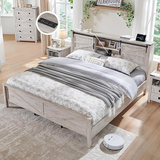 T4TREAM Farmhouse Queen Size Bed Frame w/Storage Bookcase Headboard, Sliding Barn Door, Charging Station, Rustic Wood Platform Bed w/Wood Slats Support, No Box Spring Needed, Antique Brush White