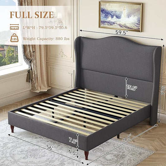 koorlian Full Size Bed Frame Upholstered Platform Bed with 51" Tall Headboard Wingback, Soft Fabric, Retro Simple Style Platform Bed No Box Spring Needed, Easy Assembly, Grey