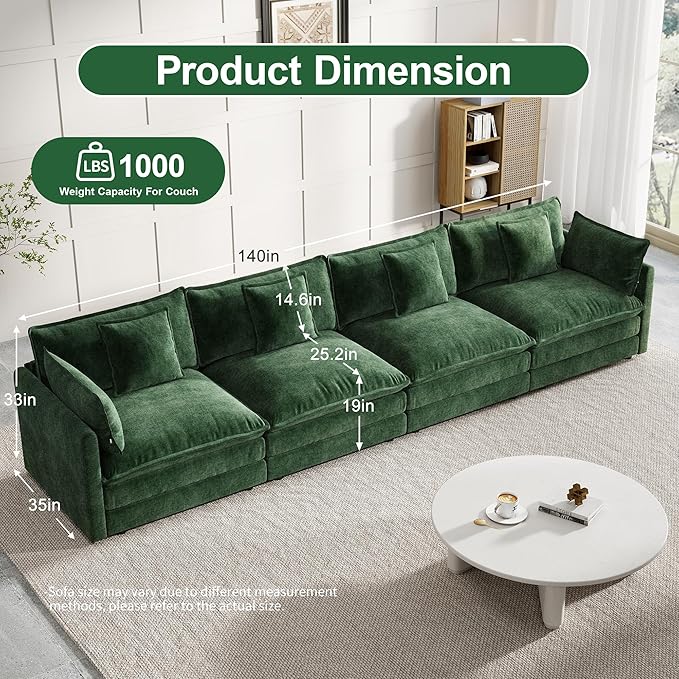 Modular Sectional Sofa, 146.5 Inch I-Shaped Cloud Sofa with Deep Seat Chenille Sofa with Cushions, Four Seater Sectional Sofa for Living Room Apartment,Evergreen