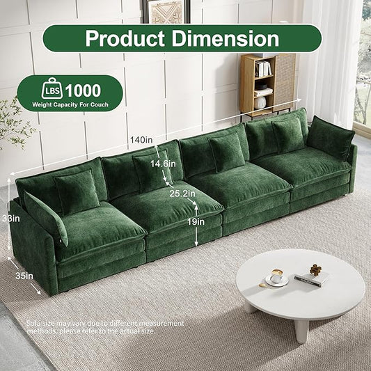 Modular Sectional Sofa, 146.5 Inch I-Shaped Cloud Sofa with Deep Seat Chenille Sofa with Cushions, Four Seater Sectional Sofa for Living Room Apartment,Evergreen