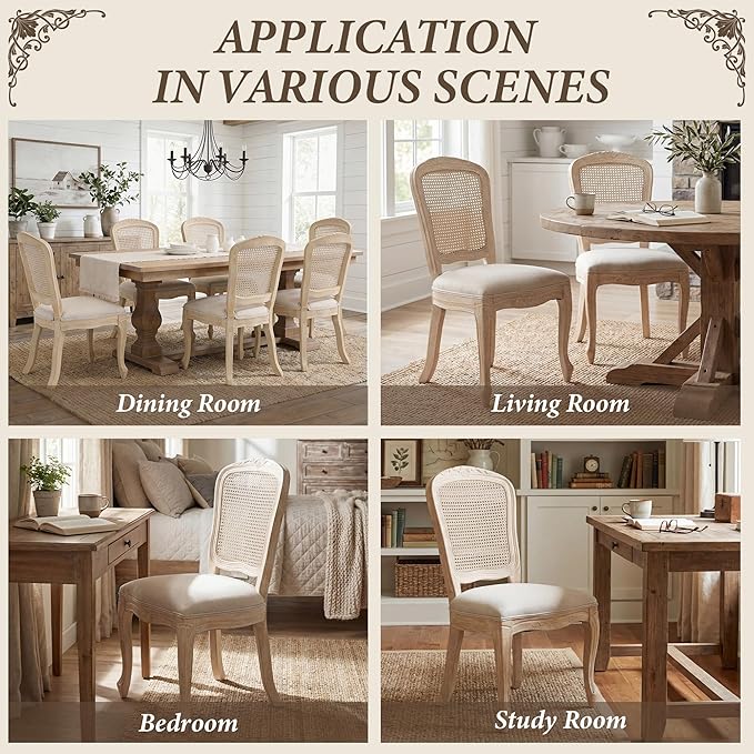 Wicker Dining Chairs Set of 4, Upholstered Linen Fabric Dining Room Chairs with Square High Rattan Back Farmhouse French Kitchen Chairs for Dining Table/Living Room/Restaurant, White
