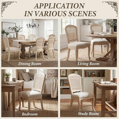 Wicker Dining Chairs Set of 6, Upholstered Linen Fabric Dining Room Chairs with Square High Rattan Back Farmhouse French Kitchen Chairs for Dining Table/Living Room/Restaurant, White