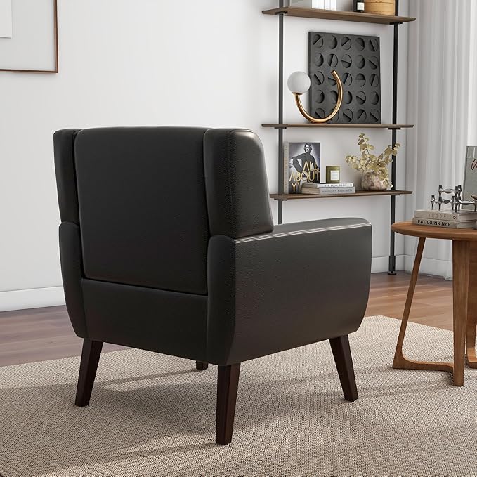 Accent Chair, Mid-Century Modern PU Leather Chairs with Arms for Living Room, Comfy Upholstered Club Single Sofa Armchair for Bedroom Waiting Room with Solid Wood Frame（Leather Black, Set of 1)