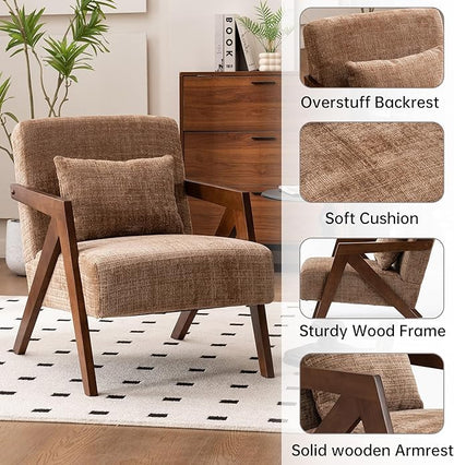 Mid-Century Modern Accent Chair with Solid Wood Frame，Upholstered Chenille Living Room Arm Chairs with Pillow for Bedroom, Living Room, Reading Room, Balcony, Brown