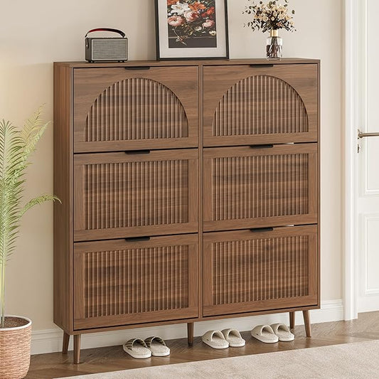 Shoe Cabinet for Entryway with 6 Flip Drawers, Slim Wooden Shoe Storage Organizer with Modern Fluted Pannel，Freestanding Narrow Hidden Shoe Rack for Hallway, Foyer, Living Room