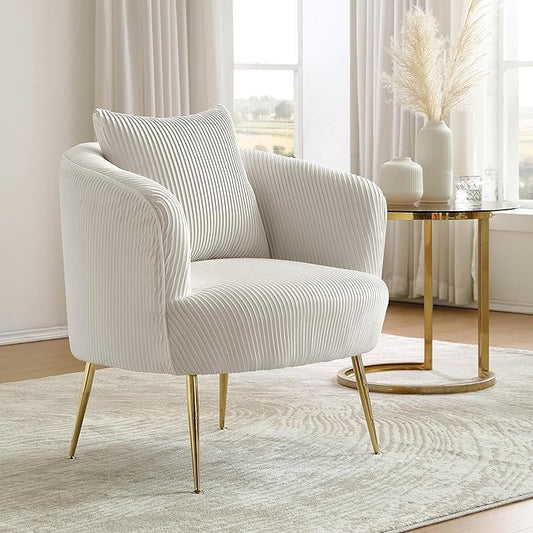Art Leon Velvet Accent Chair, Upholstered Modern Single Sofa Chair, Comfy Barrel Chair with Golden Metal Legs for Living Room Bedroom, Off White