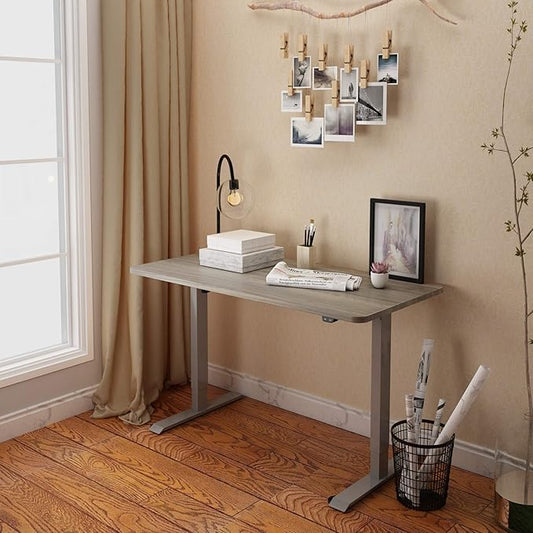 FLEXISPOT EN1 One-Piece Standing Desk 55 x 28 Inches Height Adjustable Electric Desk (Silver Frame + Grey Wood Grain Top, 2 Packages)