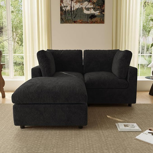 WJShome Sectional Couches for Living Room, 67 Inch Loveseat Sofa with Ottoman, Modern Chenille Fabric & Double Layer Cushions, Modular Couch for Apartment/Bedroom，Black
