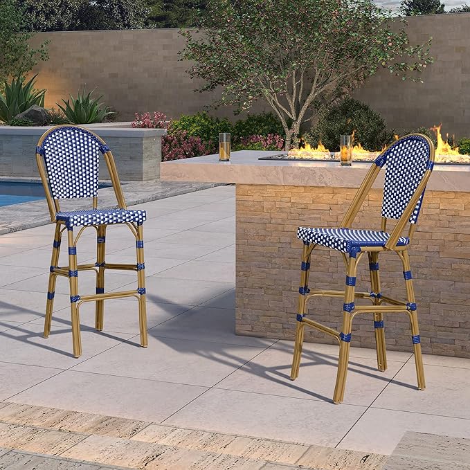 PURPLE LEAF French Bar Stool Set of 2 Bamboo Print Finish Patio Bar Stools with Back Rattan Chairs Wicker Bar Height Stool 30" with Footrest Kitchen Island Stools Outdoor Barstool Royal Blue