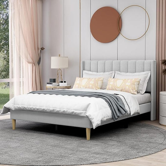 AGARTT Upholstered Platform Bed Frame Full Size with Headboard and Footboard/Wooden Slats Support/No Box Spring Needed/Easy Assembly,Light Grey Linen