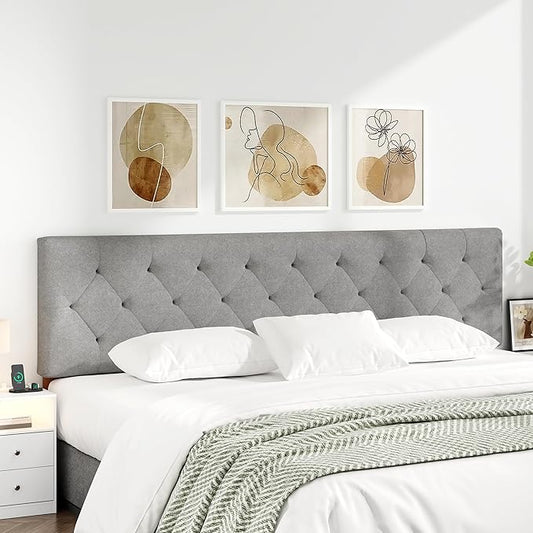 Upholstered Headboard King Size Only for Bed Frame from 65”-78”, Adjustable Height Headboards King with Durable Leg, Fabric Bed Head Board in Modern Button Design, Light Grey