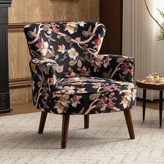 Floral Accent Chair, Upholstered Living Room Chairs with Solid Wood Legs, Mid Century Modern Velvet High Back Armchair for Living Room, Bedroom, Black