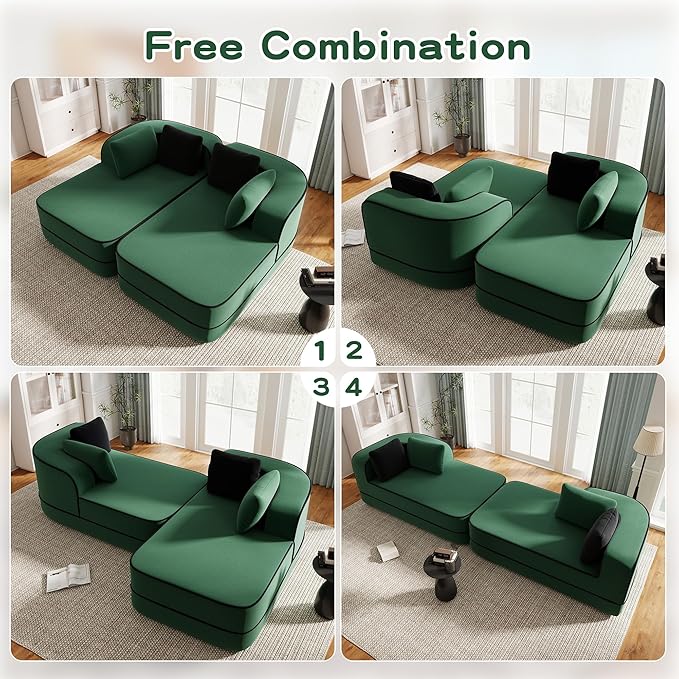 Cloud Sectional Sofa Modern Boneless Couch for Living Room, Comfy Deep Seat Comfy Teddy Fabric Double Sofa Chaise No Assembly Required (Green, 77.2" Double Chaise Lounge)